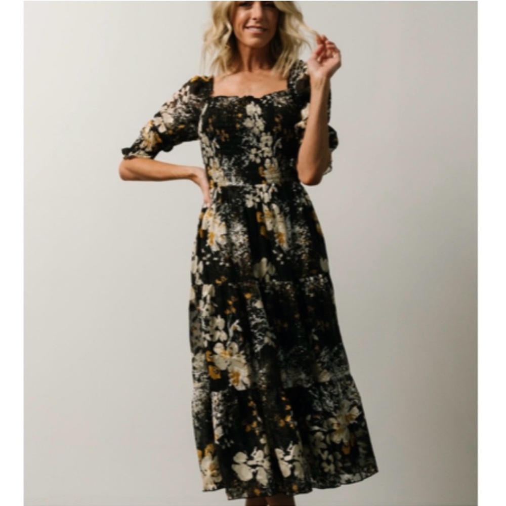 Baltic Born Fabian Jacquard Black Floral Midi Dress